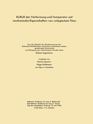 cover image of Einfluß der Verformung und Temperatur auf mechanische Eigenschaften von unlegiertem Titan